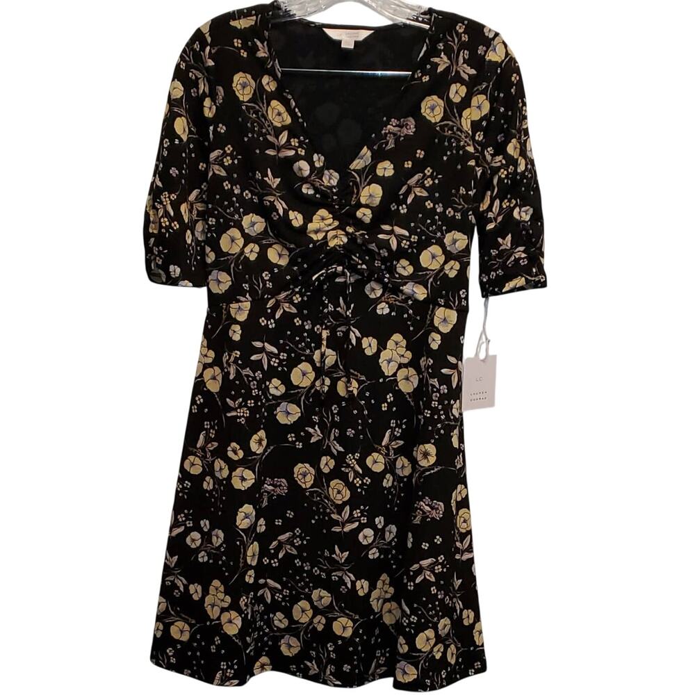 LC Lauren Conrad Sarafa Black Floral Midi Fit and Flare Dress Size XS